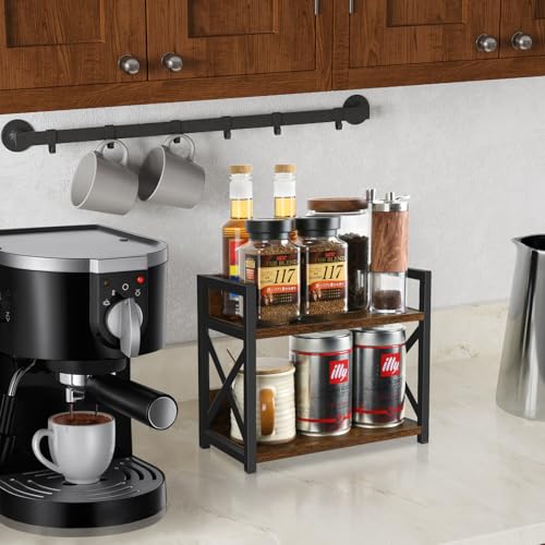 YINMIT Countertop Shelf Organizer,Coffee Bar Accessories,Spice Rack,Coffee Counter Shelf,2 Tier Coffee Organizer Station for Mugs,Cups,Cream,Syrup(Rustic Brown, Small) - Image 2