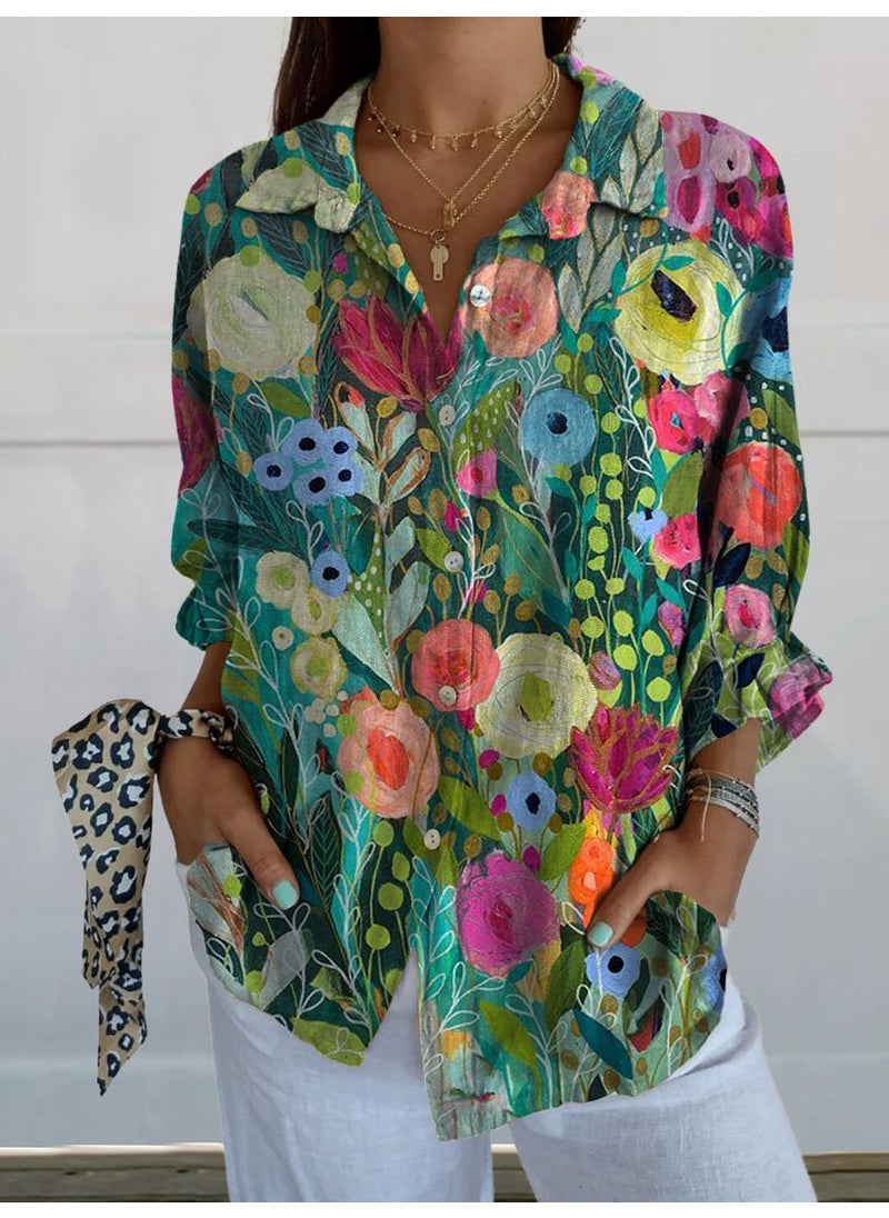 Generic - New 2024 Womens Shirt Summer Trendy Seven-Sleeve Animal Pattern Print 3D Linen Button-Up Casual Fashionable Ladies Top ZD2150-MC - Image 1