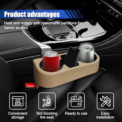 KITUREK Car Cup Holder, Auto Front Seat Organizer, Multifunctional Cup Drink Holders with PU Leather Cover, Gap Filler Storage Box Coin Bucket Console Side Pocket Cell Mobile Phone Holder (Beige) - Image 4