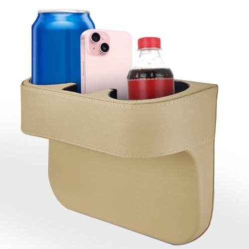 KITUREK Car Cup Holder, Auto Front Seat Organizer, Multifunctional Cup Drink Holders with PU Leather Cover, Gap Filler Storage Box Coin Bucket Console Side Pocket Cell Mobile Phone Holder (Beige) - Image 1