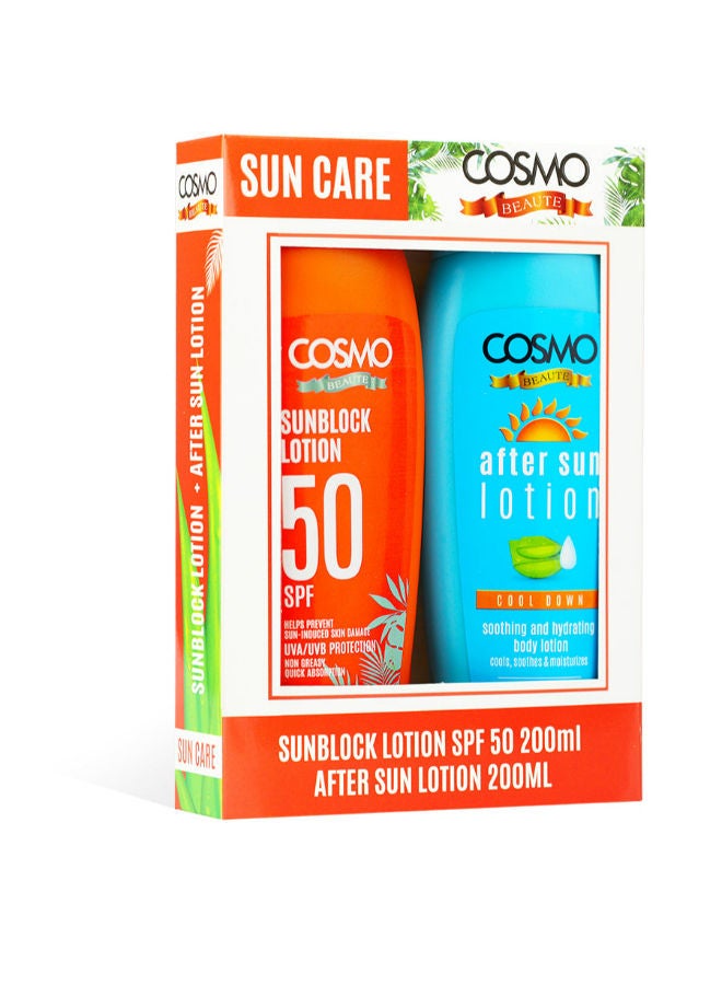 COSMO مجموعة هدايا للعناية بالشمس 2 قطعة، لوشن واقي من الشمس SPF 50 200 مل + لوشن بعد الشمس 200 مل، للجنسين