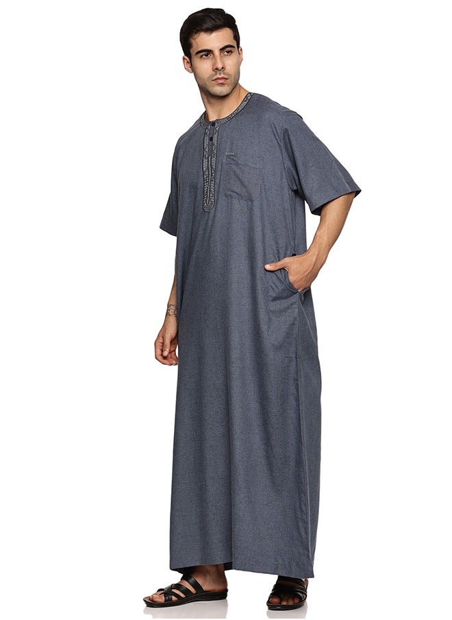 Men's Round Neck Short Sleeves Jalabiya for Men - Men's Short Sleeve Robe/Thobe - Navy Blue