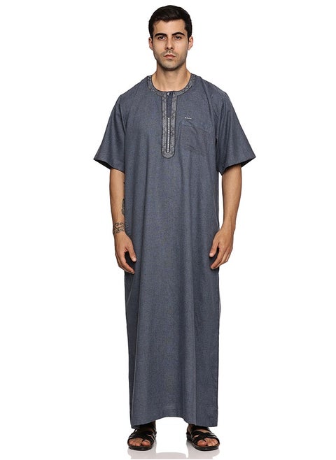 Men's Round Neck Short Sleeves Jalabiya for Men - Men's Short Sleeve Robe/Thobe - Navy Blue