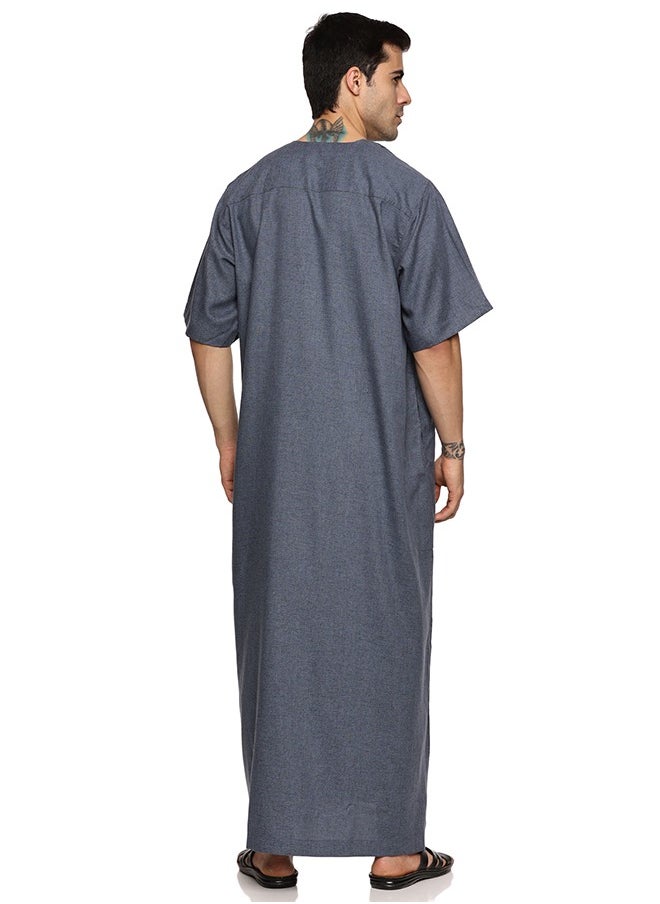 Men's Round Neck Short Sleeves Jalabiya for Men - Men's Short Sleeve Robe/Thobe - Navy Blue