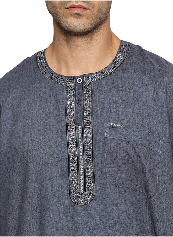 Men's Round Neck Short Sleeves Jalabiya for Men - Men's Short Sleeve Robe/Thobe - Navy Blue