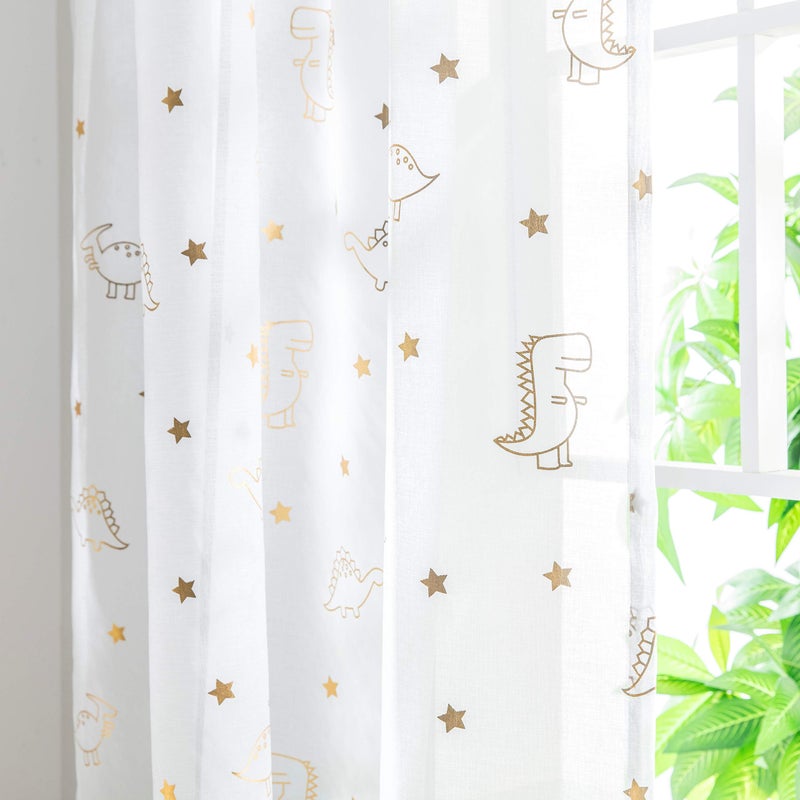 Dinosaur Sheer Curtains for Boys Kids Room Cute Gold Foil Print Dino White Curtains 63 Inch Length Rod Pocket Light Filtering Voile Window Drapes for Girls Nursery Bedroom Decor Set 2 Panels 52x63