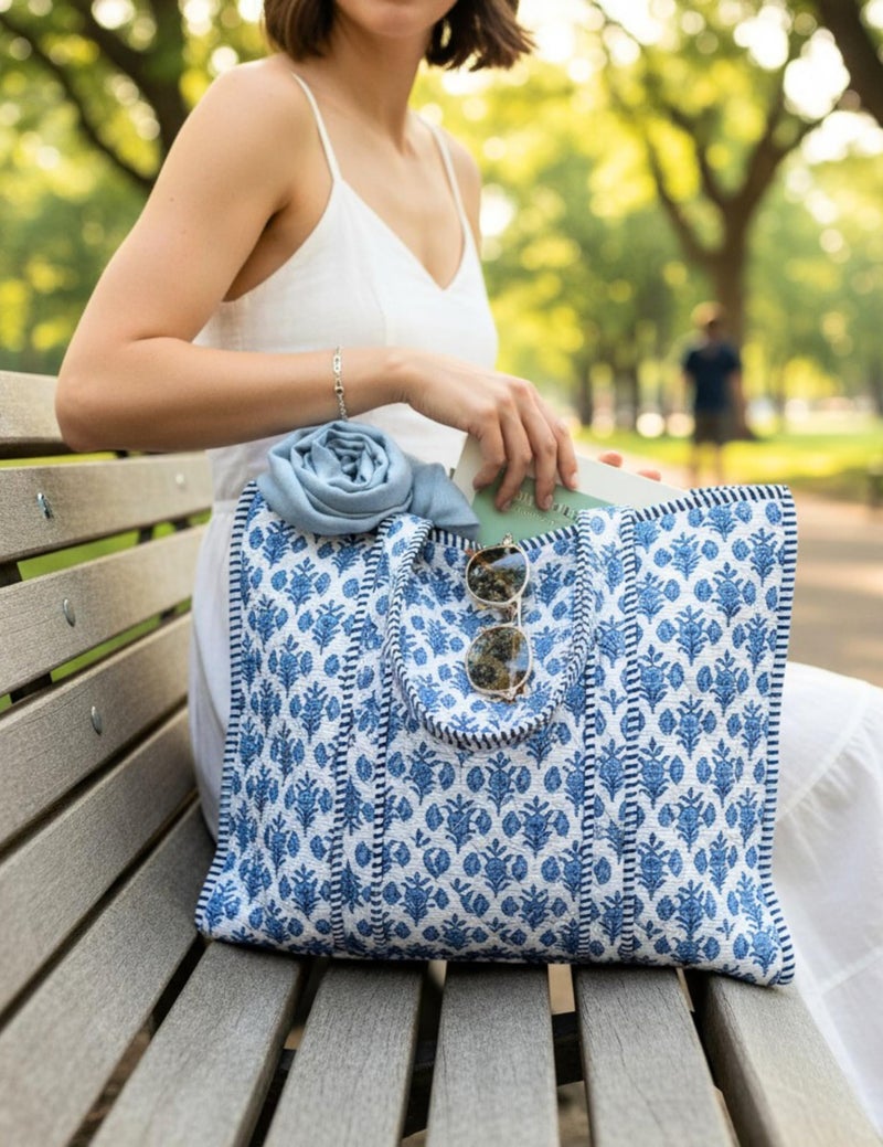 Third Eye Export 100% Cotton Quilted Tote Bag 18x16â€“ Large Zipper Beach Bag & Travel Bag Blue Purse Reusable Grocery Bags (Jordy Blue Floral Print) - Image 2