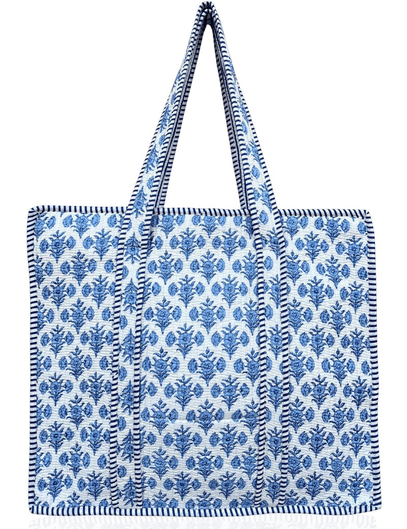 Third Eye Export 100% Cotton Quilted Tote Bag 18x16â€“ Large Zipper Beach Bag & Travel Bag Blue Purse Reusable Grocery Bags (Jordy Blue Floral Print) - Image 1