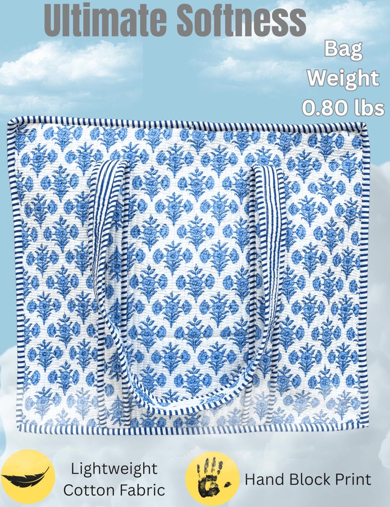 Third Eye Export 100% Cotton Quilted Tote Bag 18x16â€“ Large Zipper Beach Bag & Travel Bag Blue Purse Reusable Grocery Bags (Jordy Blue Floral Print) - Image 3