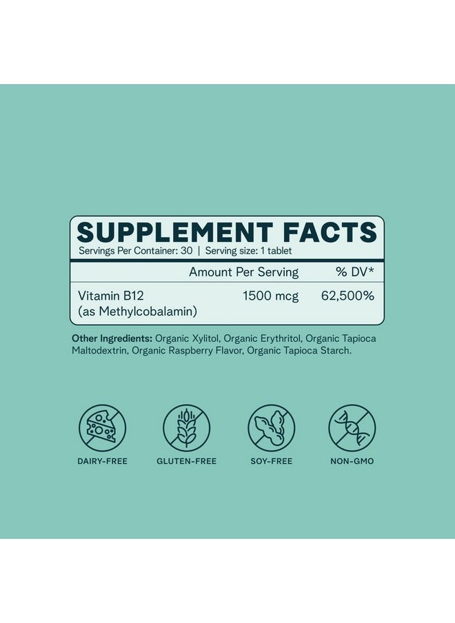 Ora Organic - Vitamin B12 1500Mcg Plantbased Methylcobalamin For Adults Natural Stimulantfree Energy Raspberry Flavor Chewable Tablets No Added Sugar 30 Tablets - Image 1