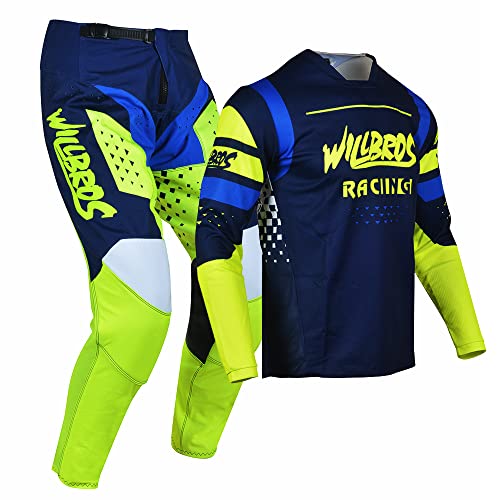 Willbros Motocross Jersey Pants Combo Mens Dirt Bike Gear Set MX Offroad Riding Adult Racewear Blue Yellow Jersey S Pants 30 - Image 3