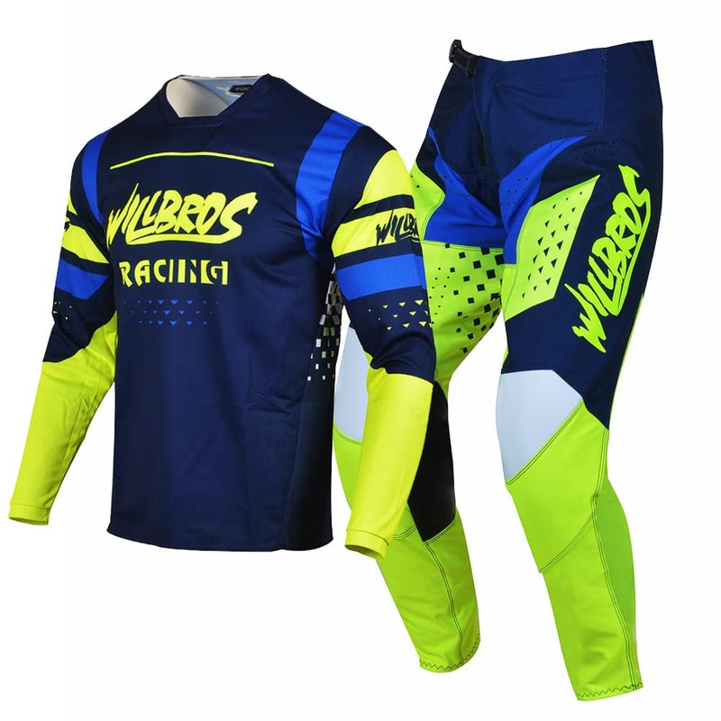 Willbros Motocross Jersey Pants Combo Mens Dirt Bike Gear Set MX Offroad Riding Adult Racewear Blue Yellow Jersey S Pants 30 - Image 2