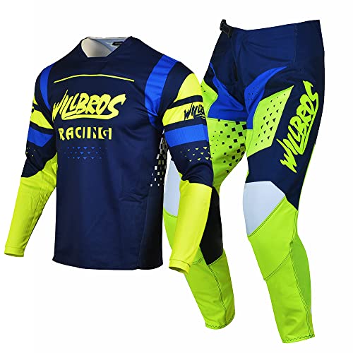 Willbros Motocross Jersey Pants Combo Mens Dirt Bike Gear Set MX Offroad Riding Adult Racewear Blue Yellow Jersey S Pants 30 - Image 1
