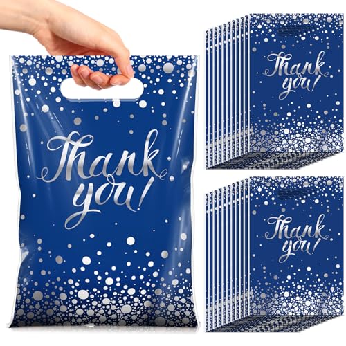Pajean 100 Pcs Thank You Bags Bulk Small Thank You Plastic Gift Bags with Handle Dots Goodie Treat Shopping Wrap for Birthday Party Favors Business Wedding Baby Shower 67 x 98 Blue Silver - Image 1