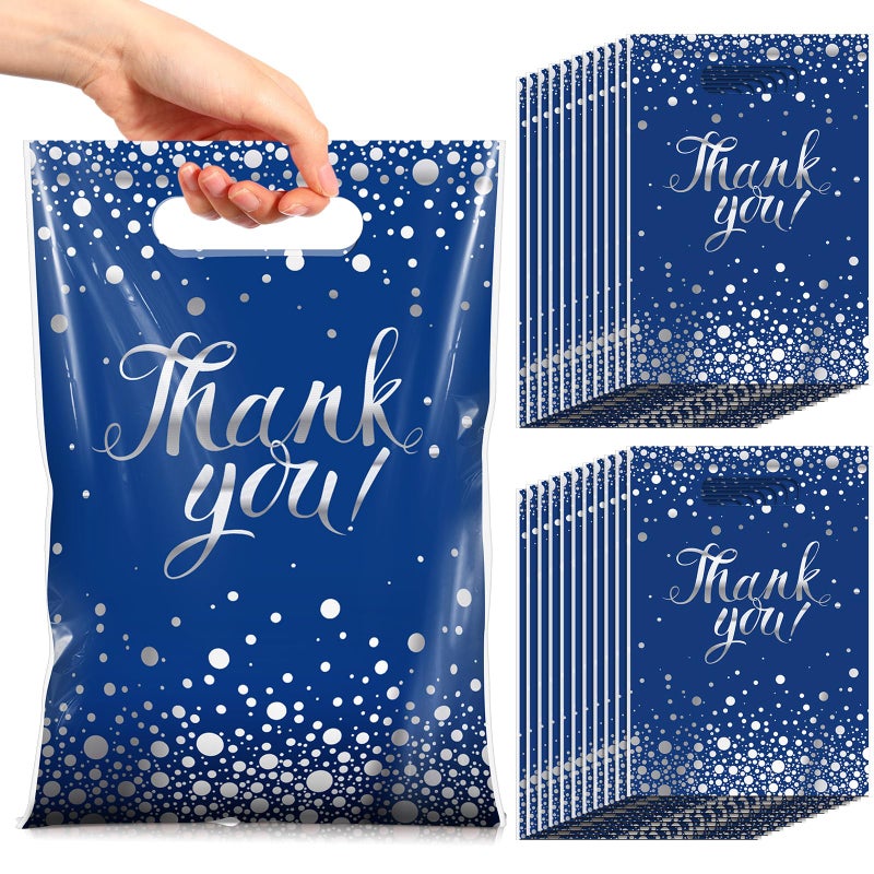 Pajean 100 Pcs Thank You Bags Bulk Small Thank You Plastic Gift Bags with Handle Dots Goodie Treat Shopping Wrap for Birthday Party Favors Business Wedding Baby Shower 67 x 98 Blue Silver - Image 3