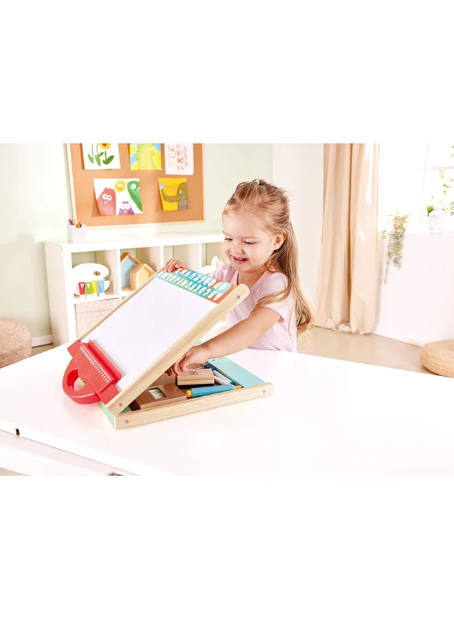 هيب Hape Store And Go Easel | Folding Double-Sided Tabletop Blackboard And Whiteboard With Chalks, Markers And Other Art Accessories | Turns Into Portable Case, For Children 3 Years+