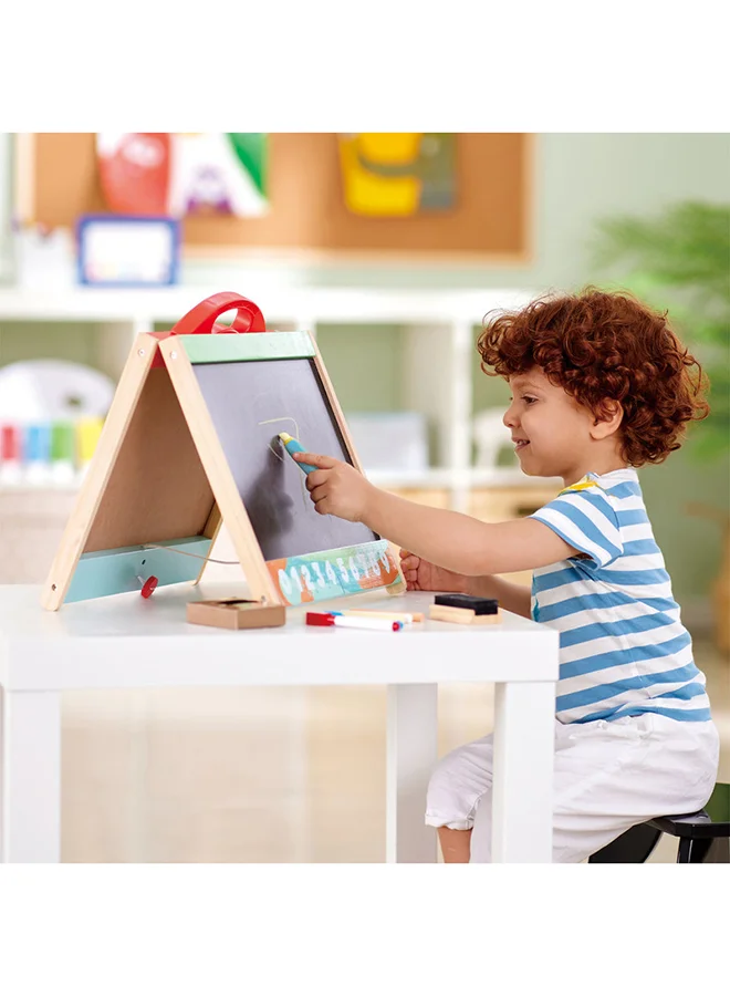 هيب Hape Store And Go Easel | Folding Double-Sided Tabletop Blackboard And Whiteboard With Chalks, Markers And Other Art Accessories | Turns Into Portable Case, For Children 3 Years+