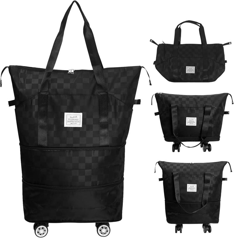 Maxworks حقيبة سفر قابلة للطي MaxWorks 51004 مع عجلات قابلة للإزالة حقيبة يد كبيرة بحجم قابل للتعديل من 25L إلى 55L للصالات الرياضية والتخييم ورحلات العمل بتصميم مربعات باللون الأسود - Image 1