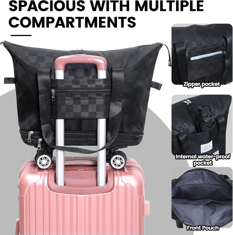 Maxworks حقيبة سفر قابلة للطي MaxWorks 51004 مع عجلات قابلة للإزالة حقيبة يد كبيرة بحجم قابل للتعديل من 25L إلى 55L للصالات الرياضية والتخييم ورحلات العمل بتصميم مربعات باللون الأسود - Image 4