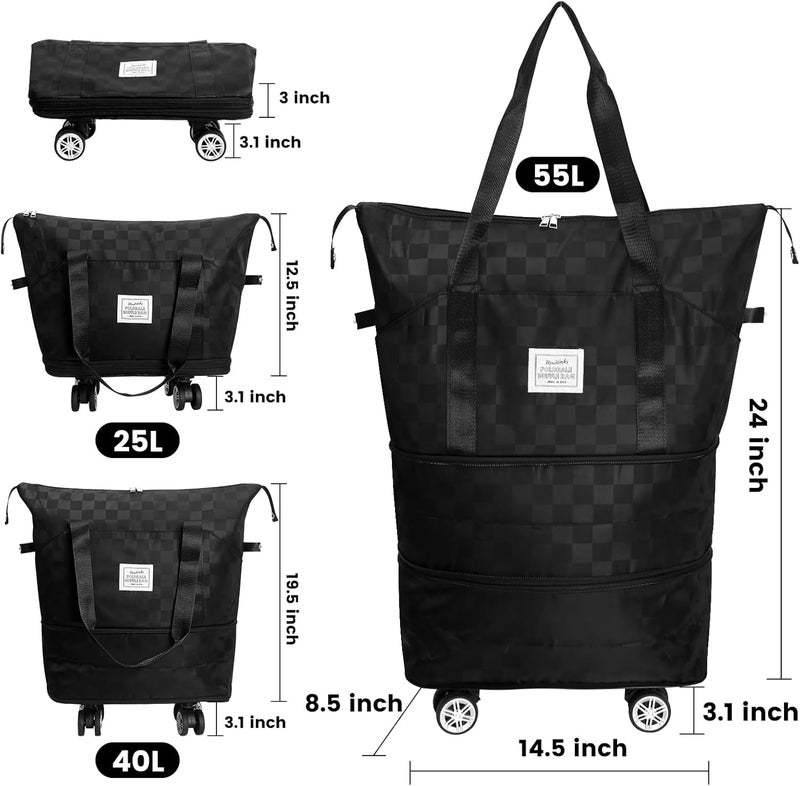Maxworks حقيبة سفر قابلة للطي MaxWorks 51004 مع عجلات قابلة للإزالة حقيبة يد كبيرة بحجم قابل للتعديل من 25L إلى 55L للصالات الرياضية والتخييم ورحلات العمل بتصميم مربعات باللون الأسود - Image 2