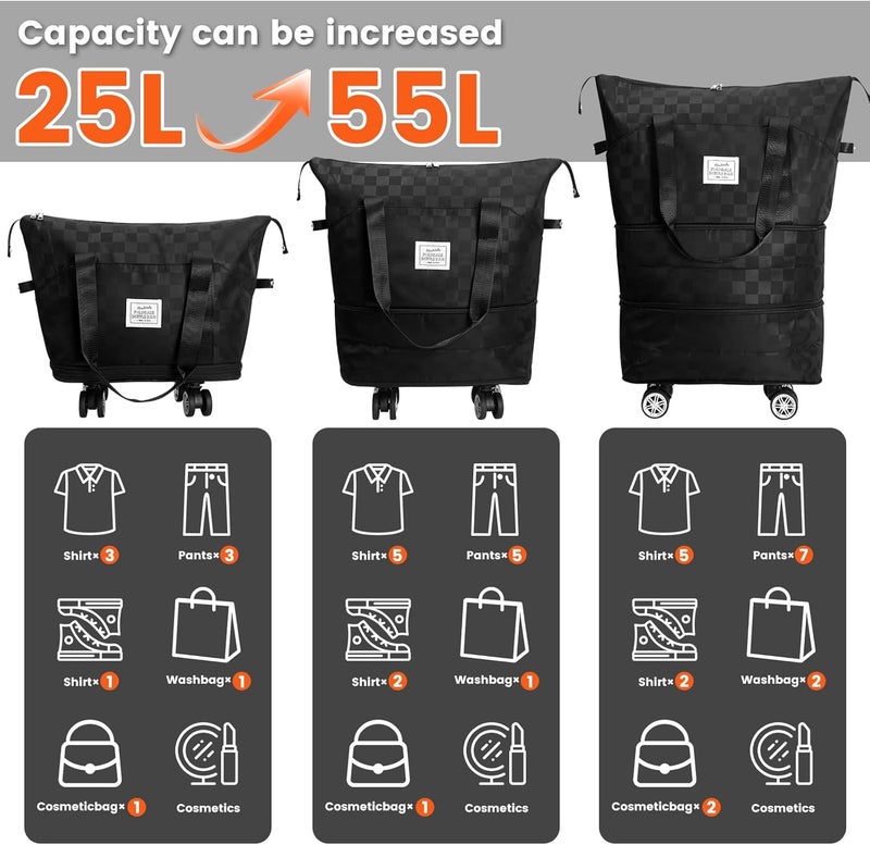 Maxworks حقيبة سفر قابلة للطي MaxWorks 51004 مع عجلات قابلة للإزالة حقيبة يد كبيرة بحجم قابل للتعديل من 25L إلى 55L للصالات الرياضية والتخييم ورحلات العمل بتصميم مربعات باللون الأسود - Image 3