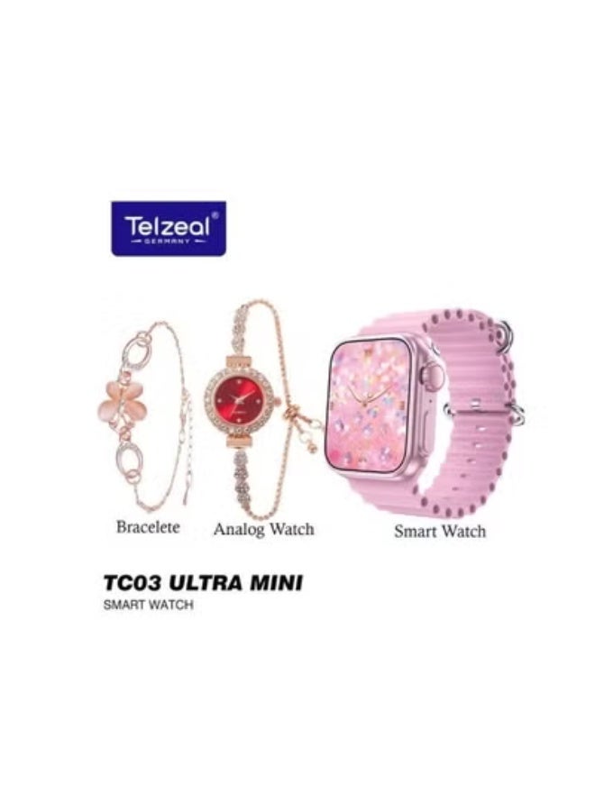 Telzeal TC03 Ultra Mini Smart Watch for Women with 38mm HD Display, Fitness & Health Tracker, 2 Interchangeable Straps, Elegant Analog Watch & Bracelet Gift Set Combo, Stylish Wearable for Ladies, Slim Design, Heart Rate Monitor, Step Counter – Pink - Image 3