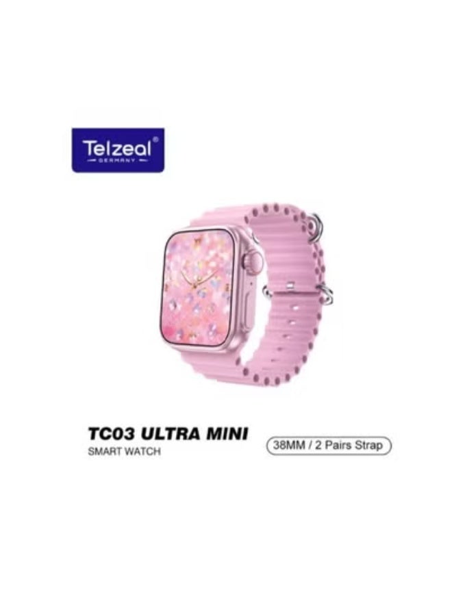 Telzeal TC03 Ultra Mini Smart Watch for Women with 38mm HD Display, Fitness & Health Tracker, 2 Interchangeable Straps, Elegant Analog Watch & Bracelet Gift Set Combo, Stylish Wearable for Ladies, Slim Design, Heart Rate Monitor, Step Counter – Pink - Image 1