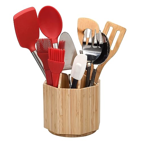 MobileVision Bamboo Rotating Utensil Holder & Kitchen Organizer, Multiple Compartments, 8 Sections, store Forks, Serving Spoons, Knives, and other cooking tools with Removable Divider for Customized Storage - Image 1
