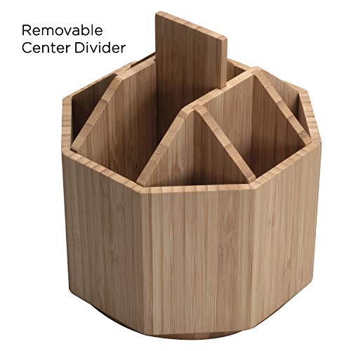 MobileVision Bamboo Rotating Utensil Holder & Kitchen Organizer, Multiple Compartments, 8 Sections, store Forks, Serving Spoons, Knives, and other cooking tools with Removable Divider for Customized Storage - Image 2