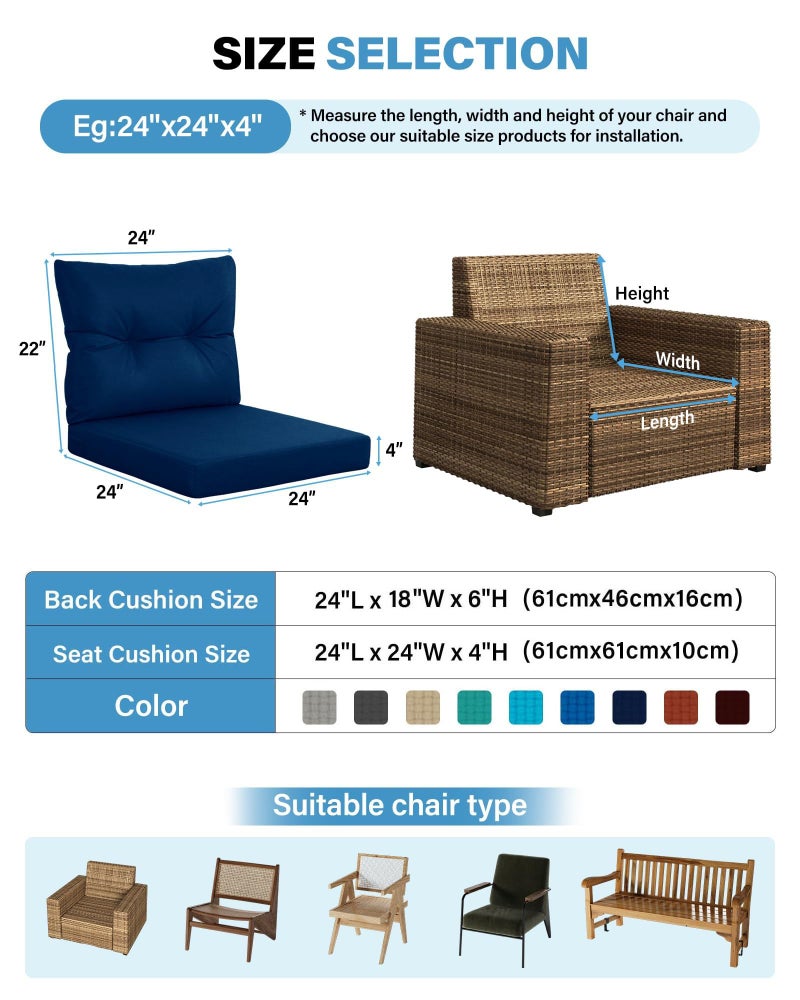 YEFU Olefin Outdoor Chair Cushions: Fade Resistant Outdoor Seat Cushion 24 x 24 - All Weather Patio Furniture Cushion with Ties - Deep Seat Patio Cushions for Chair Sofa Couch(Navy) - Image 2