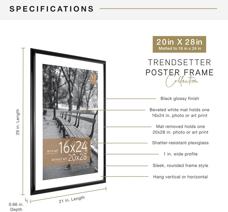 MCS Trendsetter 20x28 Poster Frame, Display Pictures 16x24 With Mat or 20x28 Without Mat, Vertical & Horizontal Wall Hanging Large Picture Frame for Photos & Posters, Black (1-Pack) - Image 4