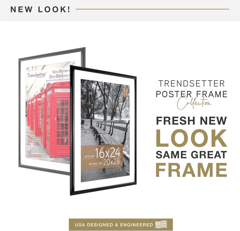MCS Trendsetter 20x28 Poster Frame, Display Pictures 16x24 With Mat or 20x28 Without Mat, Vertical & Horizontal Wall Hanging Large Picture Frame for Photos & Posters, Black (1-Pack) - Image 2