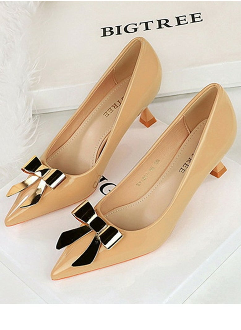 BIGTREE Women's Closed Pointed Toe Stiletto Pump Metal Bowknot Decoration Mid Heels Beige 5.5CM  - Image 1