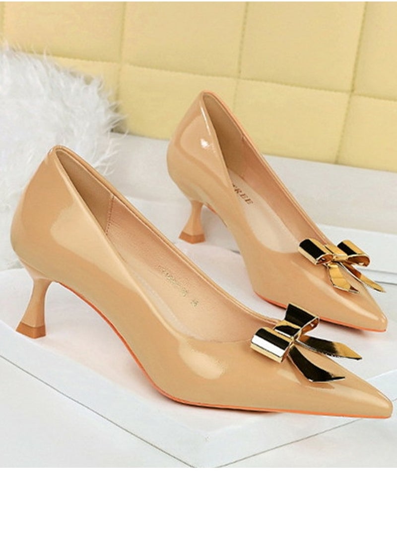 BIGTREE Women's Closed Pointed Toe Stiletto Pump Metal Bowknot Decoration Mid Heels Beige 5.5CM  - Image 2
