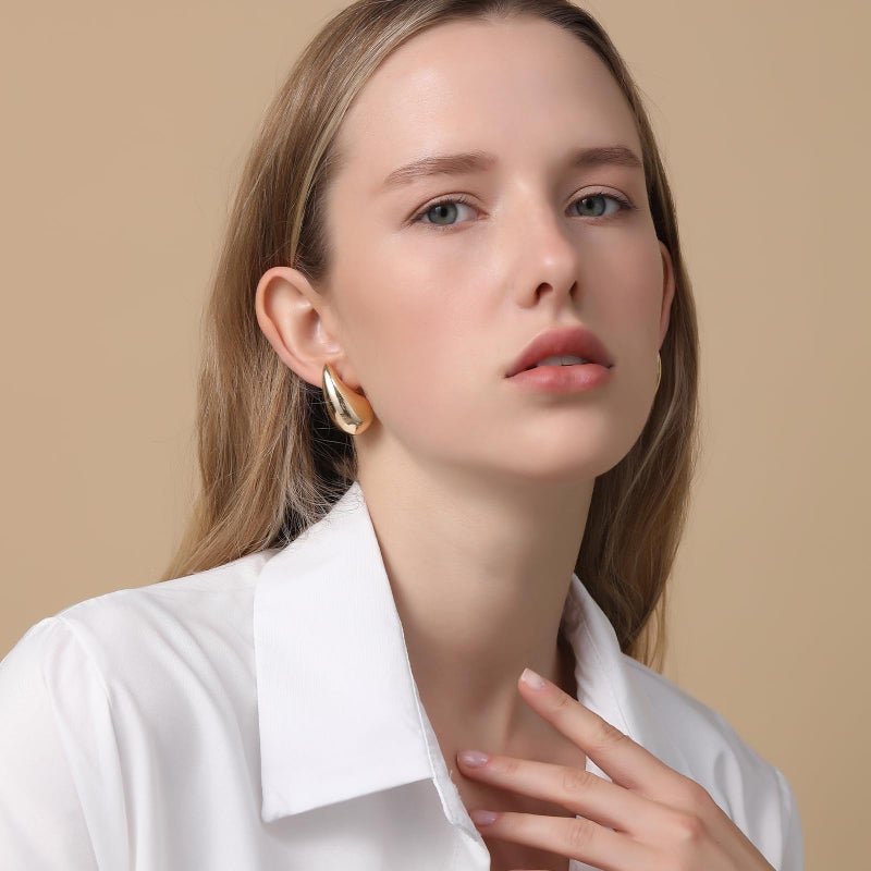 Apsvo Chunky 14K Gold Plated Hoop Earrings for Women, Lightweight Waterdrop Hollow Open Hoops, Hypoallergenic Dupes Earrings - Image 2