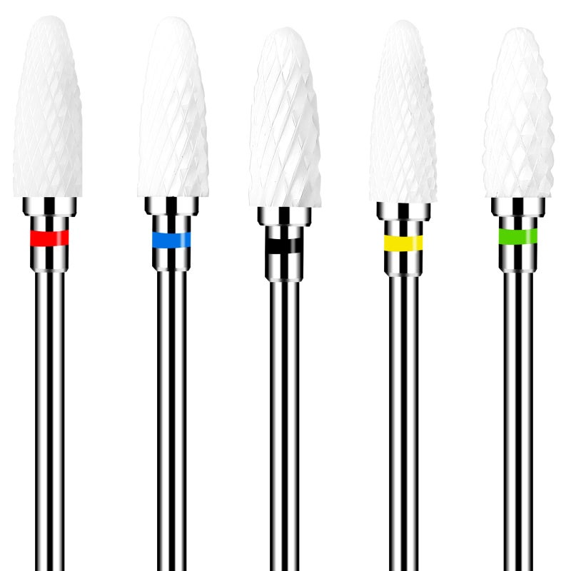 Sibba Ceramic Nail Drill Bits Set 5PCS Professional Corn Shape Carbide Bits Hard Gel Acrylic Removal Rotary Tool Fit Manicure Pedicure Cuticle Gel Nail Polishing Decoration White