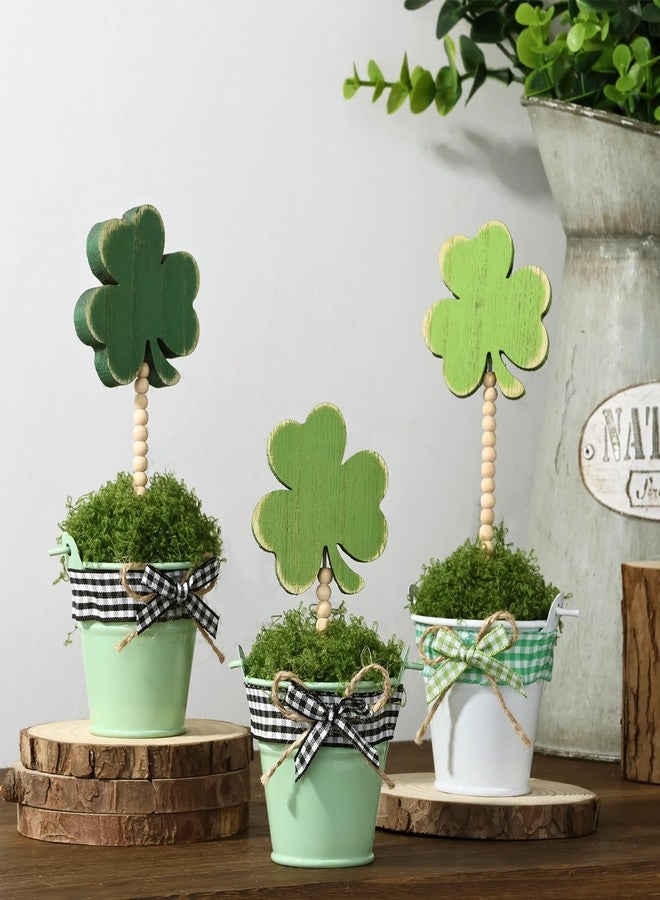 Treory 3pcs Lucky Shamrock Artificial Potted Plants, Wooden Sign on Stand, Fake Moss Freestanding Wood Table Decorations, St. Patrick's Day Decor for Gift, Desk, Party, Home - Image 1