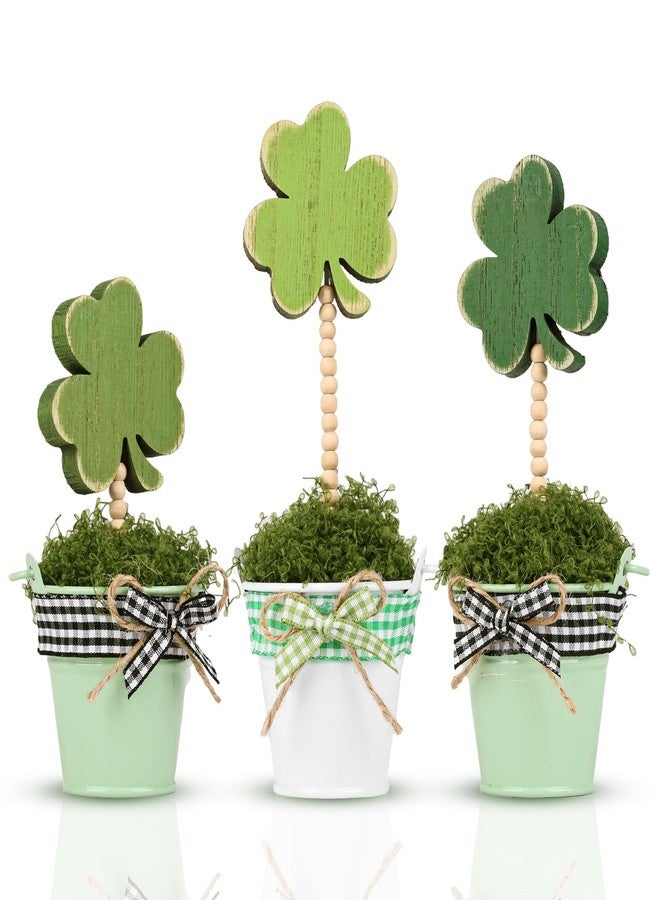 Treory 3pcs Lucky Shamrock Artificial Potted Plants, Wooden Sign on Stand, Fake Moss Freestanding Wood Table Decorations, St. Patrick's Day Decor for Gift, Desk, Party, Home - Image 2