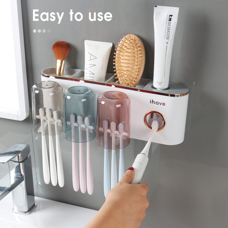 iHave Toothbrush Holders Bathroom Accessories with Toothpaste Dispenser, 3 Cups Toothbrush Holder Wall Mounted Bathroom Decor - Image 3