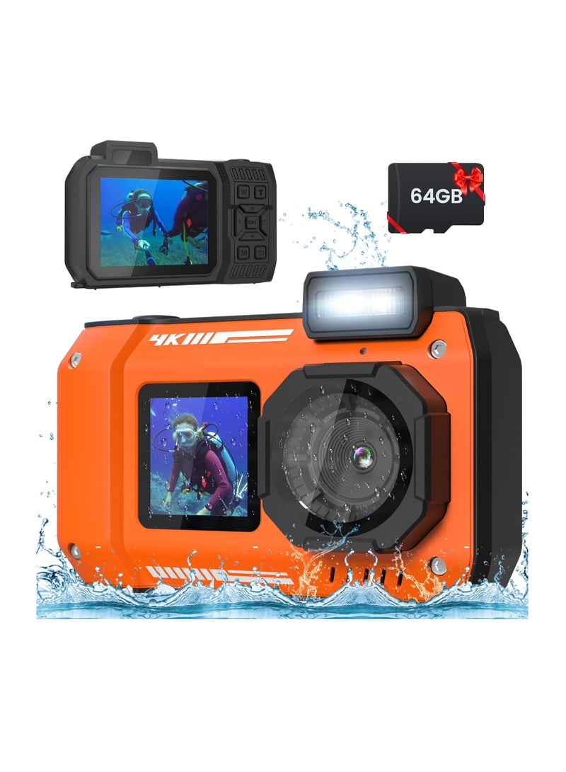 32FT Underwater Camera 4K 48MP Waterproof Camera Rugged Dustproof Shockproof, Autofocus Selfie Dual-Screen Underwater Camera for Snorkeling Diving Sport Floatable Digital Camera with 64GB Card(Orange) - Image 1