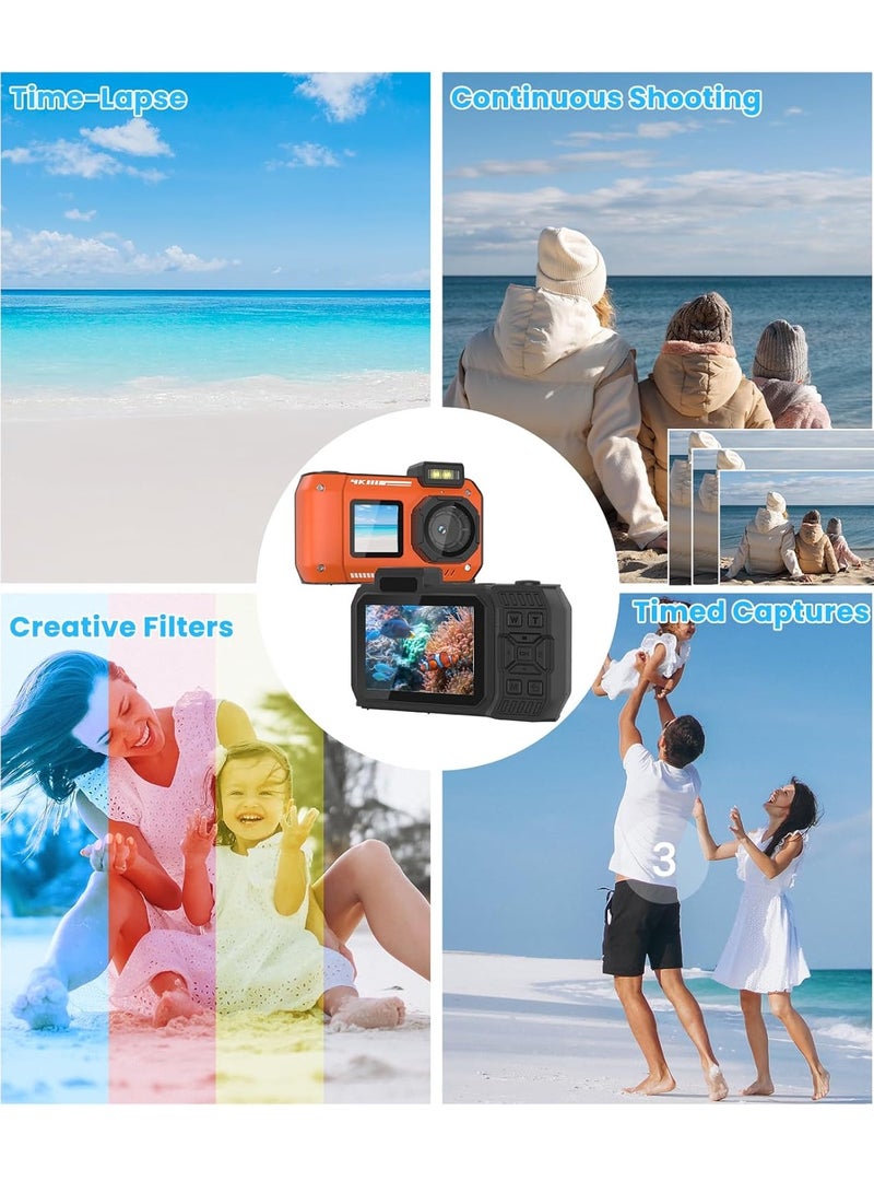 32FT Underwater Camera 4K 48MP Waterproof Camera Rugged Dustproof Shockproof, Autofocus Selfie Dual-Screen Underwater Camera for Snorkeling Diving Sport Floatable Digital Camera with 64GB Card(Orange) - Image 2