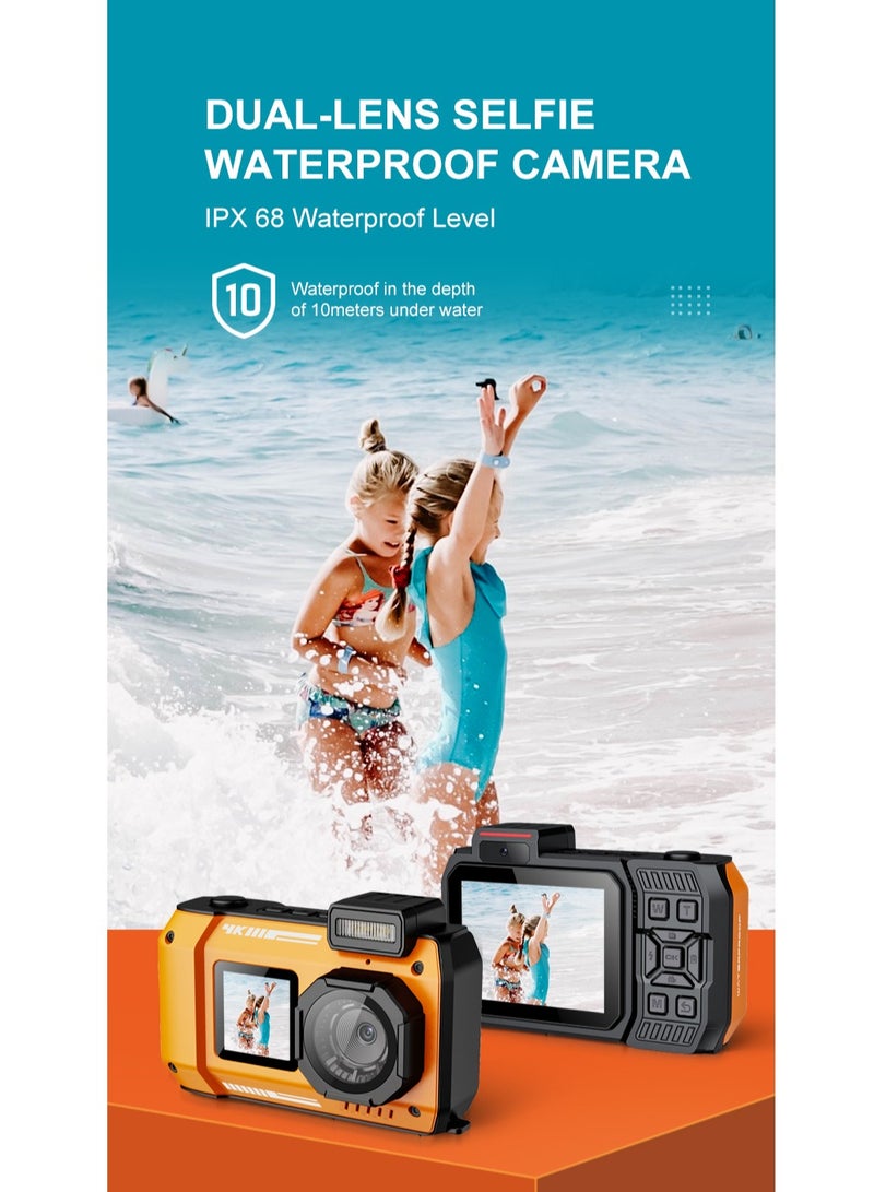 32FT Underwater Camera 4K 48MP Waterproof Camera Rugged Dustproof Shockproof, Autofocus Selfie Dual-Screen Underwater Camera for Snorkeling Diving Sport Floatable Digital Camera with 64GB Card(Orange) - Image 3