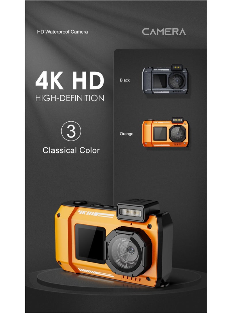 32FT Underwater Camera 4K 48MP Waterproof Camera Rugged Dustproof Shockproof, Autofocus Selfie Dual-Screen Underwater Camera for Snorkeling Diving Sport Floatable Digital Camera with 64GB Card(Orange) - Image 4