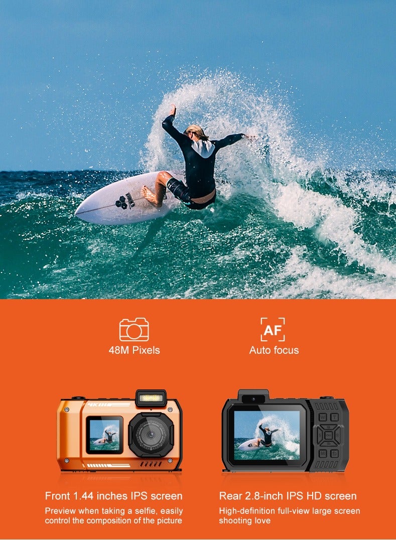 32FT Underwater Camera 4K 48MP Waterproof Camera Rugged Dustproof Shockproof, Autofocus Selfie Dual-Screen Underwater Camera for Snorkeling Diving Sport Floatable Digital Camera with 64GB Card(Orange) - Image 5