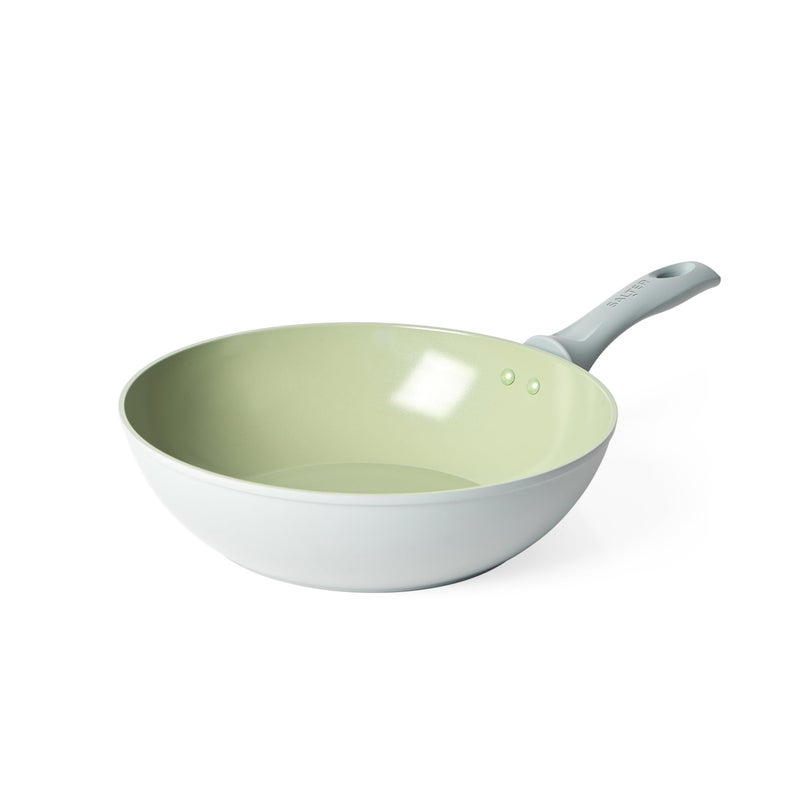 Salter Earth 28cm Stir Fry Pan  Healthy Ceramic NonStick Coating PFASFree Induction Cookware Aluminium Deep Frying Pan for Noodles Easy Clean PFOAPTFEFree Stay Cool Handle Green