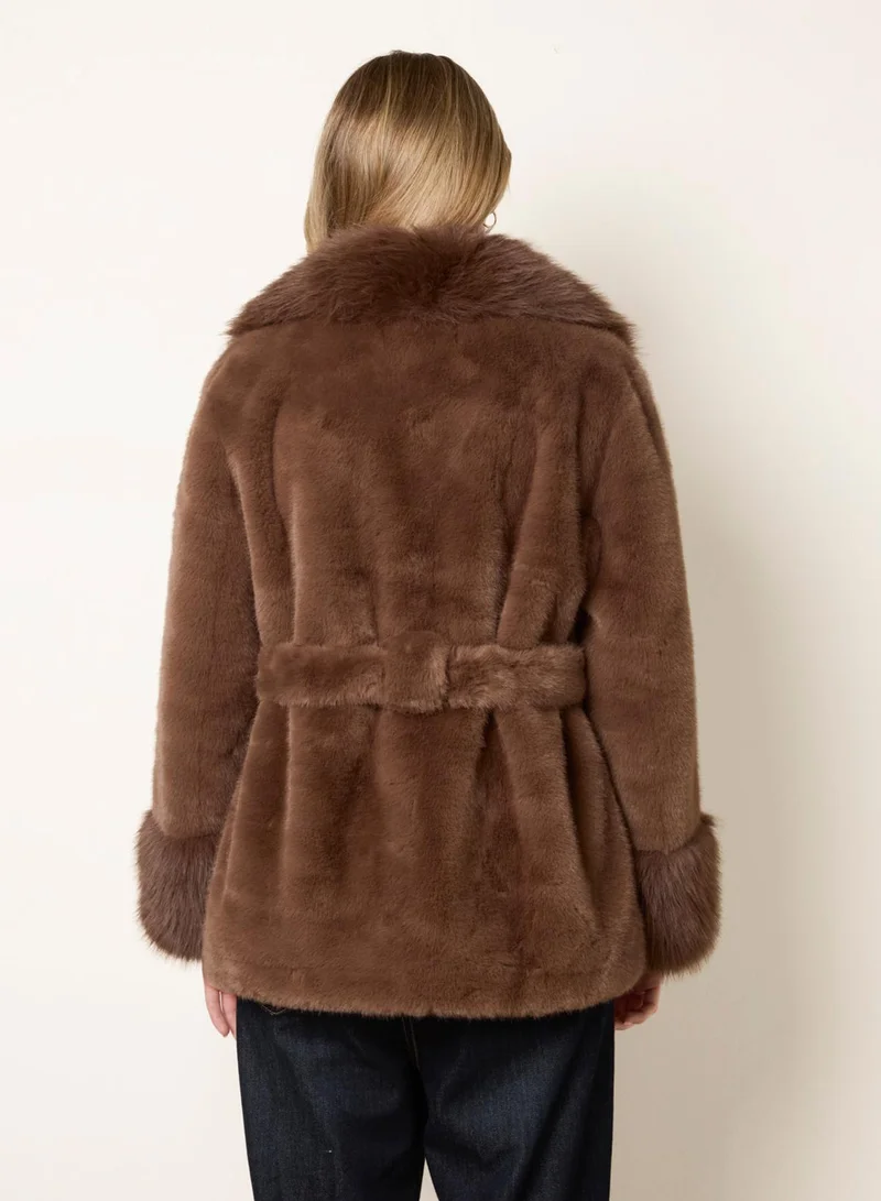 Blue Vanilla  Plush Faux Fur Belted Coat for Women | Best Price UAE