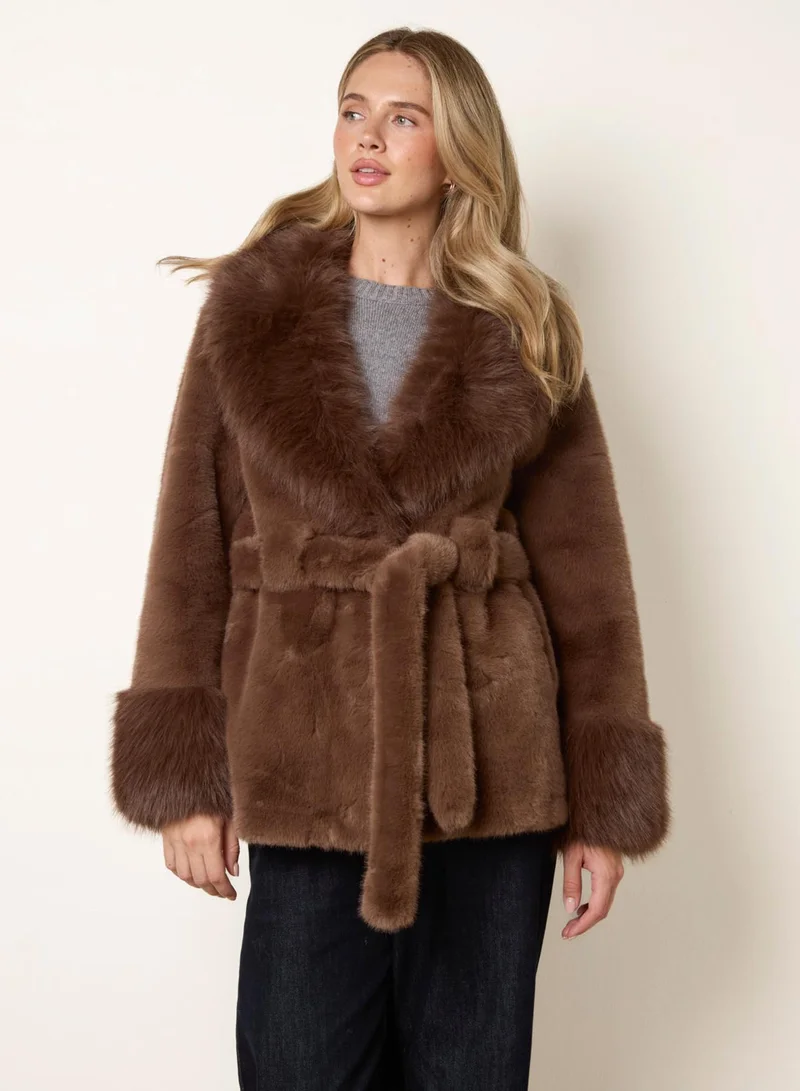Blue Vanilla  Plush Faux Fur Belted Coat for Women | Best Price UAE