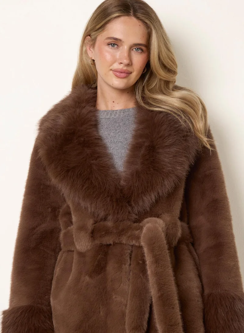 Blue Vanilla  Plush Faux Fur Belted Coat for Women | Best Price UAE