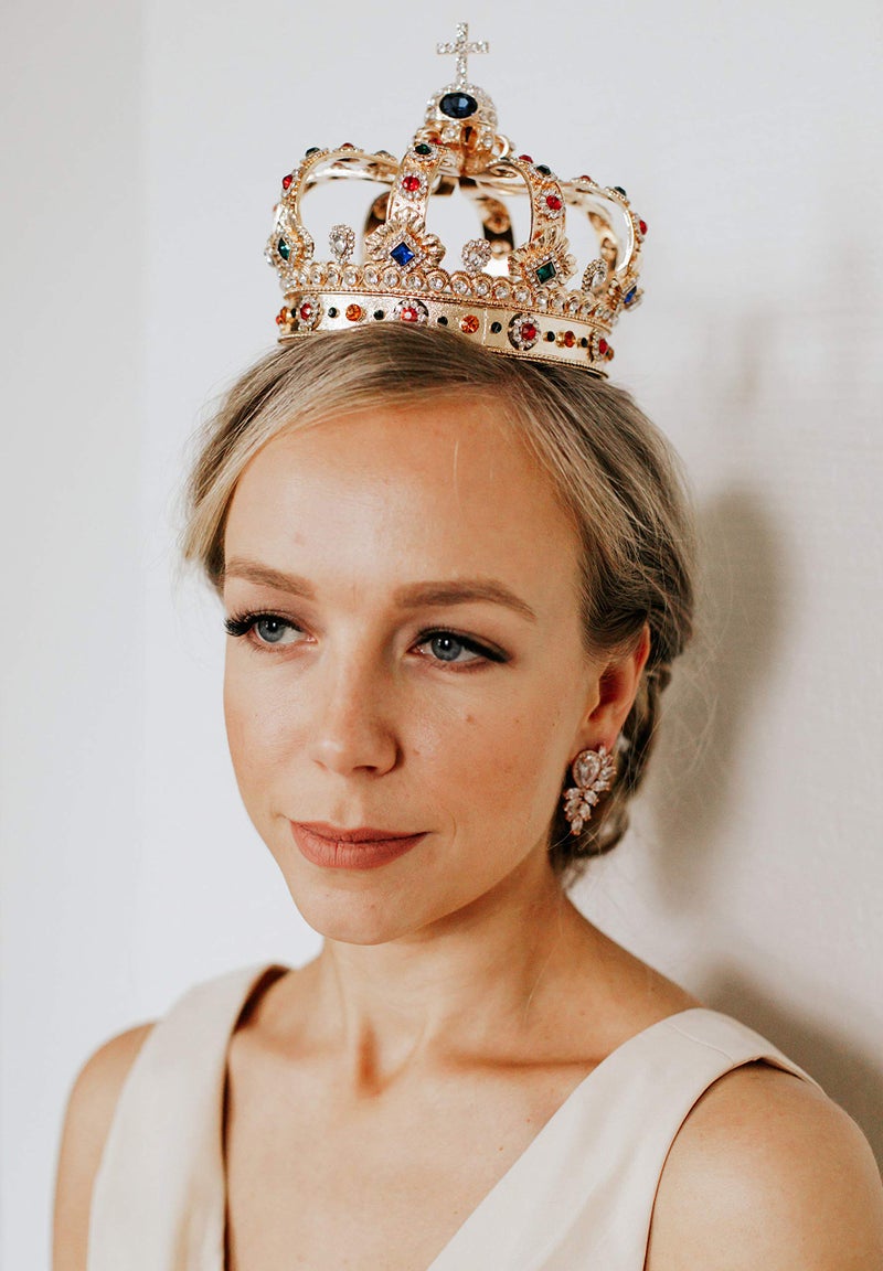 SWEETV Gold Queen Crown for Women, Vintage Wedding Crown with Cross Decor, Costume Party Accessories for Brithday Halloween - Image 2