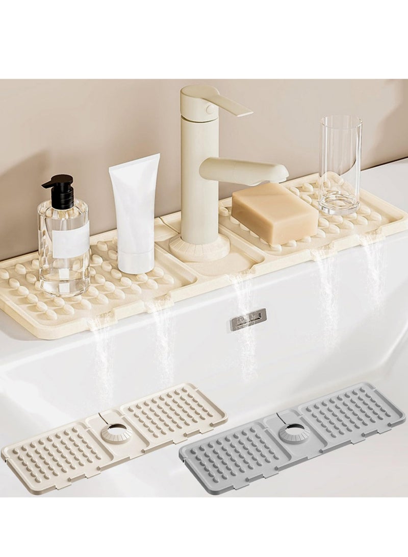 Sink Faucet Mat Splash Guard, Silicone Sink Splash Guard, Faucet Mat for Kitchen Sink, Drying Mat for Kitchen Counter, Bathroom Sink, Anti-Slip with Fast Draining Groove, 16.3''x5.5'' (Grey and Beige) - Image 1